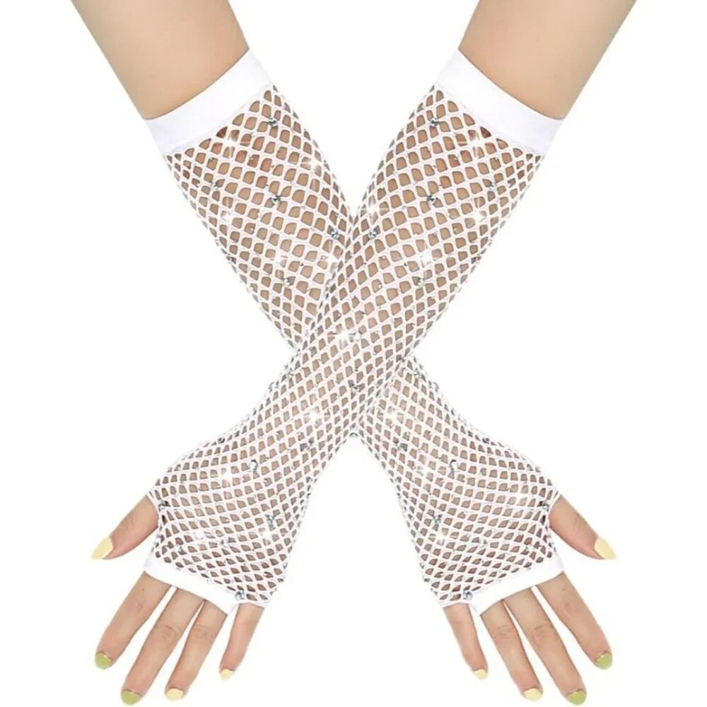 Women's Rhinestones White Fingerless Fishnet Mesh Long Gloves Party Cosplay